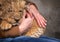 Lion cub in the hands of girl