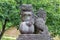 Lion-dog, or komainu, at Mikami shinto shrine near Kanazawa, Japan. These traditional statues are seen in pairs in most shrines