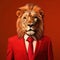 This lion is the epitome of success Dressed in formal attire against a bold red background