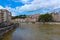 Lion, France - June 16, 2716: View from river Sona to the bridge and Lyon city