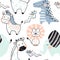 Lion, giraffe, elephant, crocodile, zebra, snake baby seamless pattern. Scandinavian cute print.