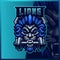 Lion Grab Barbel mascot esport logo design illustrations vector template, Fitness Blue Lion logo for team game streamer youtuber