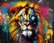 The lion head is in colorful graffiti.