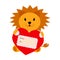 Lion holding a heart on a white background