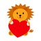 Lion holding a heart on a white background
