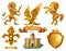 Lion, horse, eagle, lily. Golden heraldic elements. 3d vector icon set