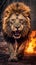 Lion with its mouth slightly open walks through the fire