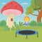 Lion jumping trampoline mushroom house fantasy fairy tale