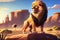 Lion king watches over the kingdom, cartoon illustration generated by AI