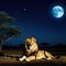 lion lies in the savannah at night in the background is a