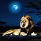 lion lies in the savannah at night in the background is a