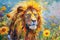 Lion made of oil paint modern art with sunflower Generative AI