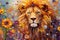 Lion made of oil paint modern art with sunflower Generative AI