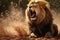 a lion mid-sneeze in the savanna, dust particles visible