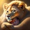 Lion mother with baby lion cub in her arms. Lioness in the rays of the setting sun. Generative AI animal ai