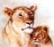 Lion mother and lion cub, painting on paper. with spots abstract background