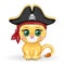 Lion pirate, cartoon character of the game, wild animal cat in a bandana and a cocked hat with a skull, with an eye