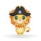 Lion pirate, cartoon character of the game, wild animal cat in a bandana and a cocked hat with a skull, with an eye