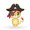 Lion pirate, cartoon character of the game, wild animal cat in a bandana and a cocked hat with a skull, with an eye