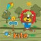 Lion playing kite in the garden funny animal cartoon