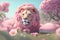 A lion rests in the savannah in the pink flowers. ai generative