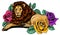 Lion with roses and leaves illustration. African lions head. Vector outline illustration. Lion print.
