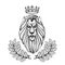 Lion`s head with a Royal crown & an oak wreath ornament, heraldic symbol of nobility, bravery, power, leadership, success