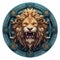 A lion's head is shown in the center of a circular medallion. Generative AI image.