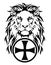 The Lion`s head and the symbol of Christianity - the catholic cross, drawing for tattoo