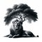 Lion\\\'s Regal Repose Under Tree, AI generated