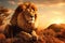 Lion in the savannah at sunset. 3D illustration. A majestic lion basking in the golden light of an African savannah, AI Generated