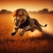 Lion sprints across grassy savannah