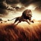 Lion sprints across grassy savannah