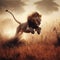 Lion sprints across grassy savannah