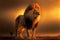 a lion standing in a field with a giraffe in the background at sunset or dawn with a yellow sky and clouds behind it, with a