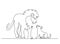 Lion standing with small lion cub. Continuous one line drawing.