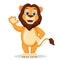 Lion stands on its hind legs, smiling and waving on a white background. Character