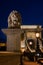 Lion statue on chain bridge Budapest Hungary at night.