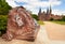 Lion statue and Holstein Gate at Lubeck