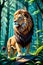 A lion in a stunning forest, dreamlike, vector art, cartoon, fantasy, animal design, t-shirt