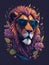 Lion in sunglasses with flowers. Hand drawn vector illustration on dark background.