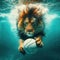 a lion swimming underwater in pool to get the ball