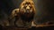 Lion Walking In Dark Background With Cave Realistic Renderings, Tenebrism Mastery, And Grandeur Of Scale
