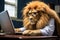 lion wearing glasses, working on a laptop in an office setting