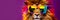 Lion wearing oversized, vibrant sunglasses and striking a pose against a colored backdrop, promoting , Generative AI