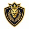 A lion wearing a regal crown on its head, Lion head shield logo icon. Royal gold crown badge symbol