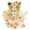 Lioness - big cats. Watercolor animal africa wildlife. Boho tropical leaves, dried botanical garden and flowers. Exotic illustrati