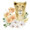 Lioness - big cats. Watercolor animal africa wildlife. Boho tropical modern leaves, dried botanical garden and flowers