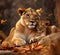 Lioness cuddles with her young cub - AI generated