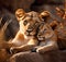 Lioness cuddles with her young cub - AI generated